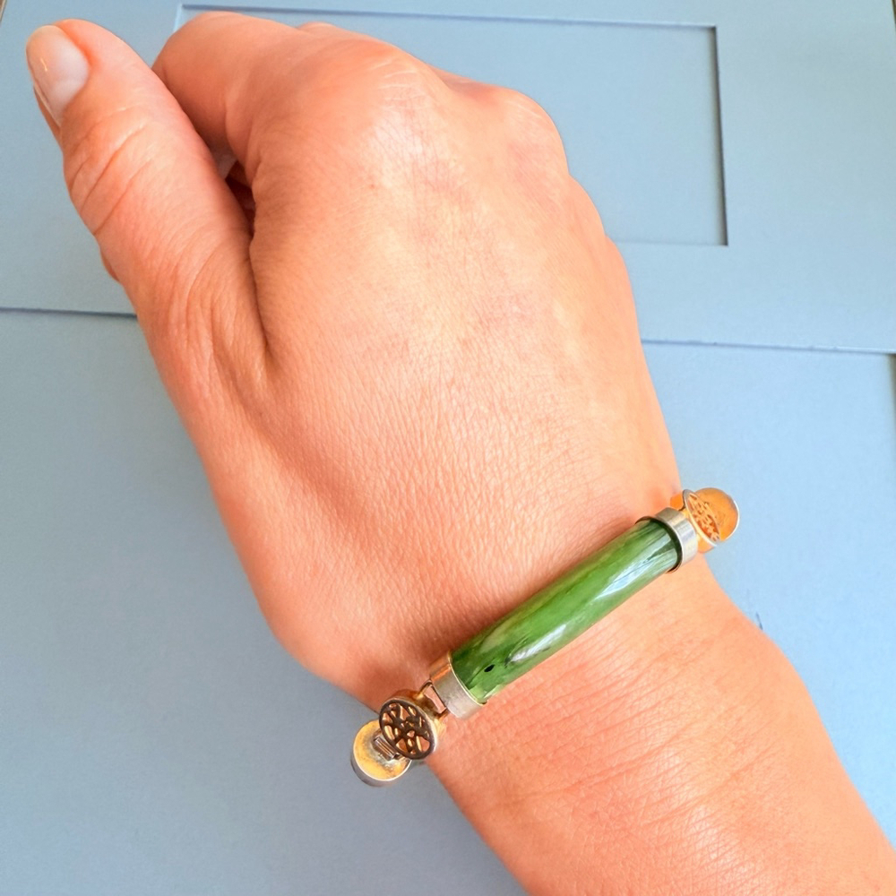4 Lucky Wishes Natural Green Jade Nephrite Gold Tone Link Vintage Bracelet - Picture 2 of 9